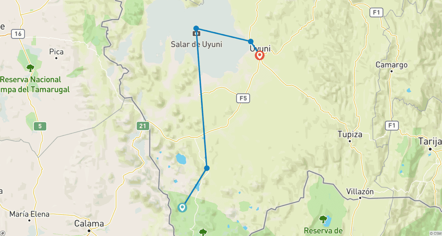 خريطة مسار 3 أيام في Salar de Uyuni وبحيرات لاجونا كولورادا