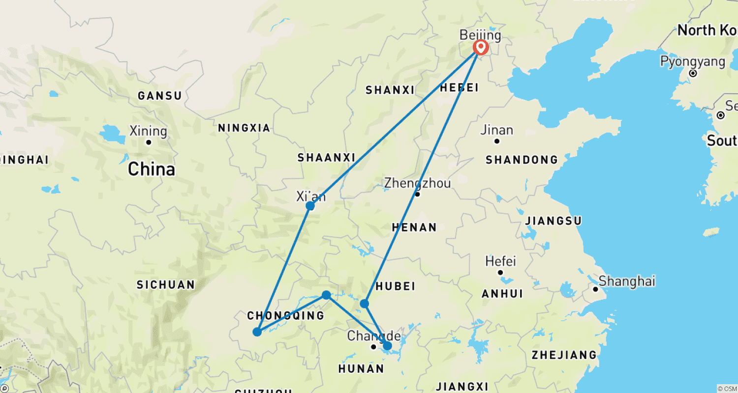 Mapa do percurso de China Majestosa e Cruzeiro no Rio Yangtze