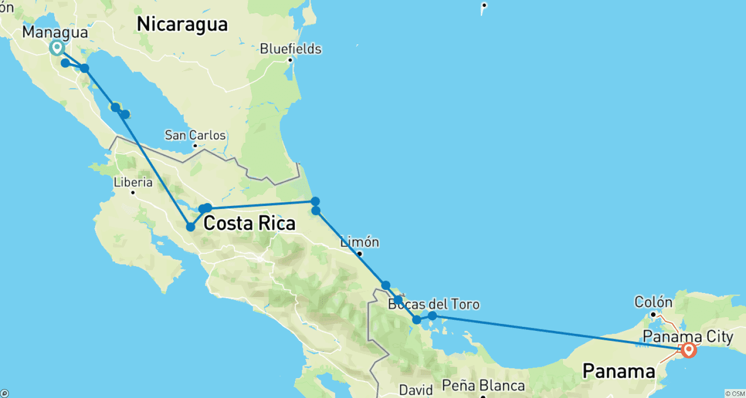 Mapa do percurso de Floresta nublada, vulcões e Canal do Panamá