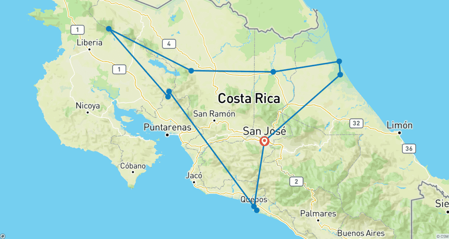 Mapa do percurso de Fascínio Costa Rica