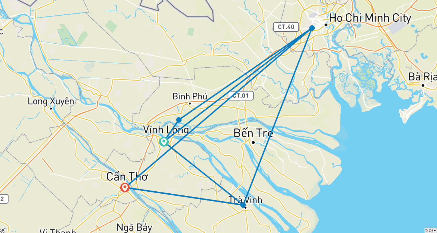 Mapa do percurso de Tour de Ciclismo de 4 Dias pelo Delta do Mekong