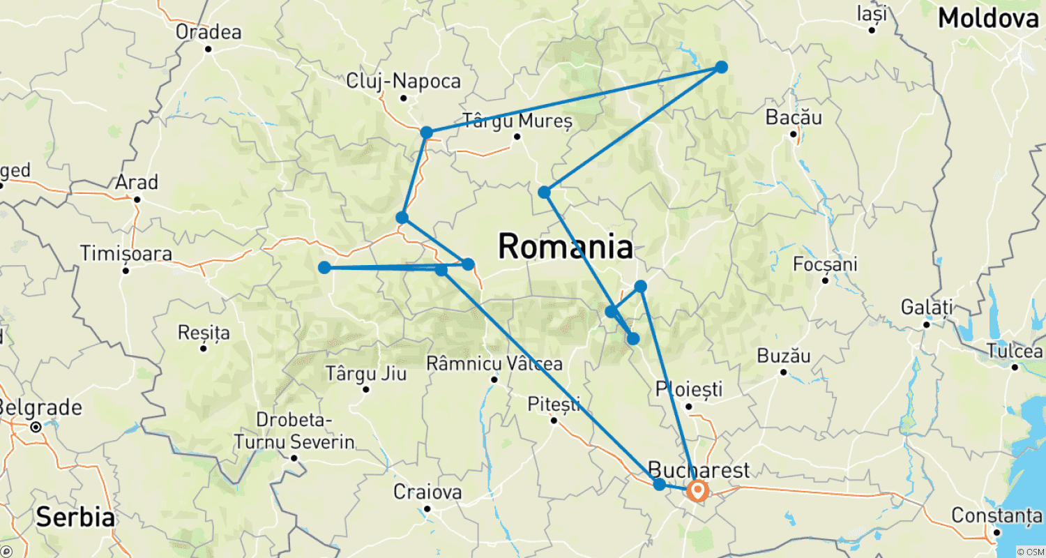 Mapa trasy: 9-dniowa wycieczka śladami Draculi po Transylwanii