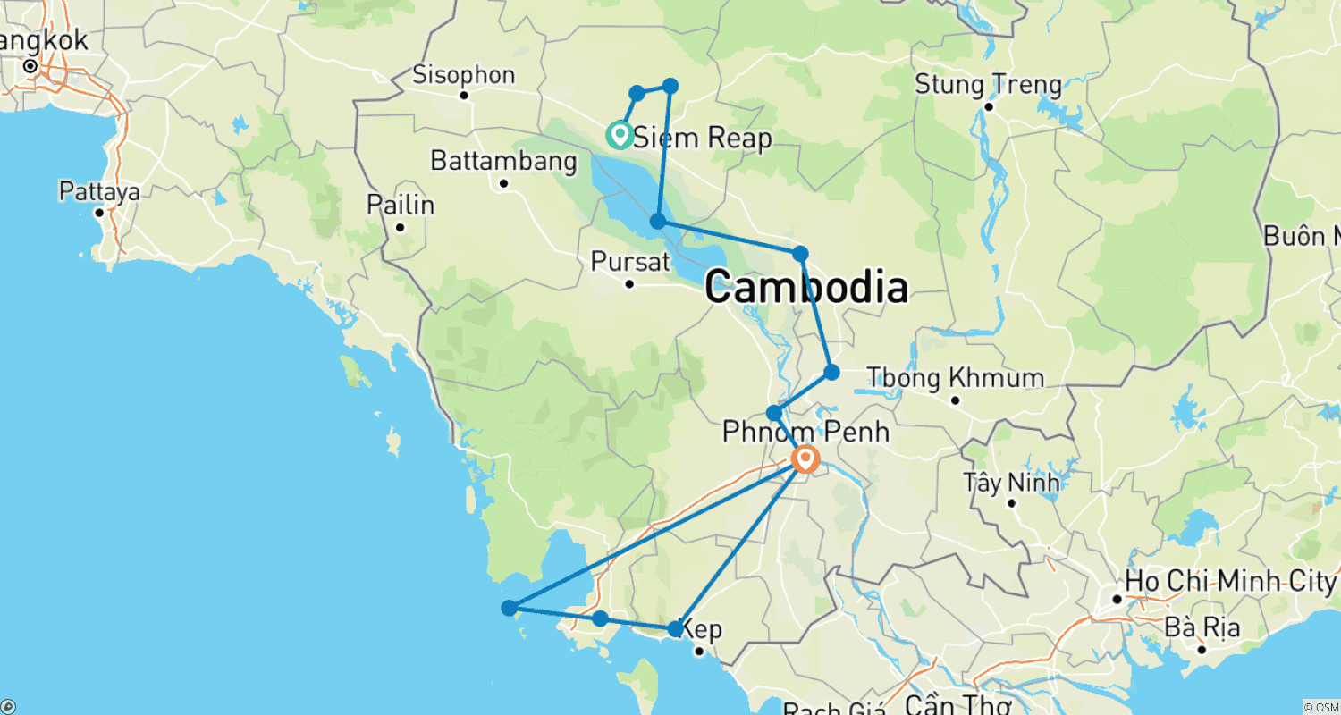 Mapa trasy: Kambodża: 11-dniowa wycieczka od świątyń Angkor do wyspy Koh Rong
