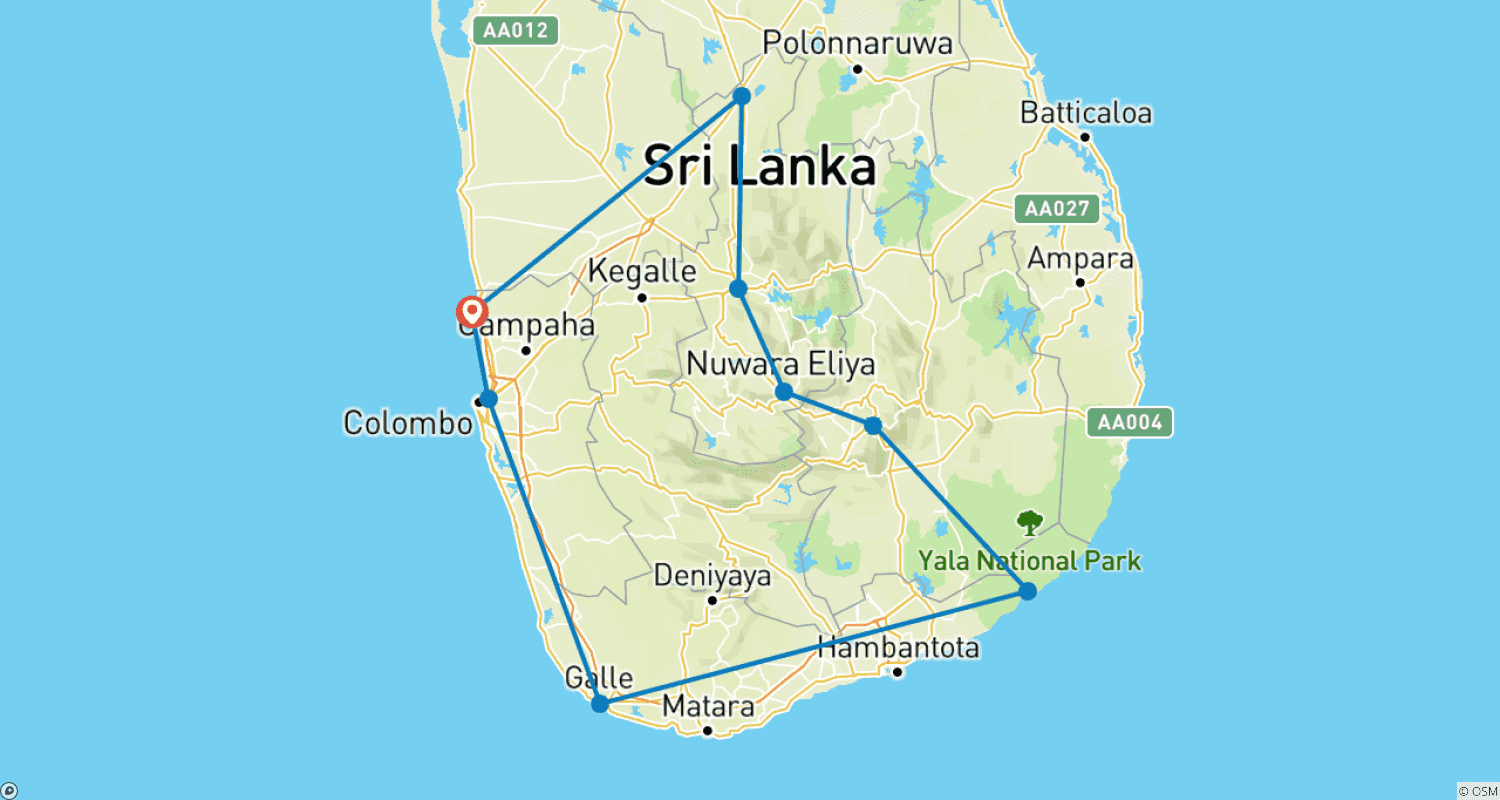 Mapa do percurso de Joias Exóticas de Lanka: Jornada Cultural e Natural de 8 dias