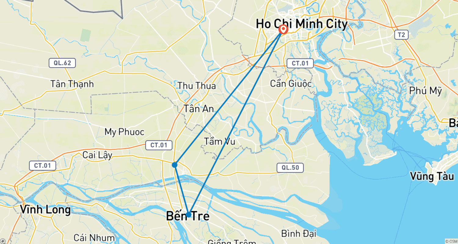 Mapa do percurso de Passeio de Bicicleta Compacto pelo Delta do Mekong