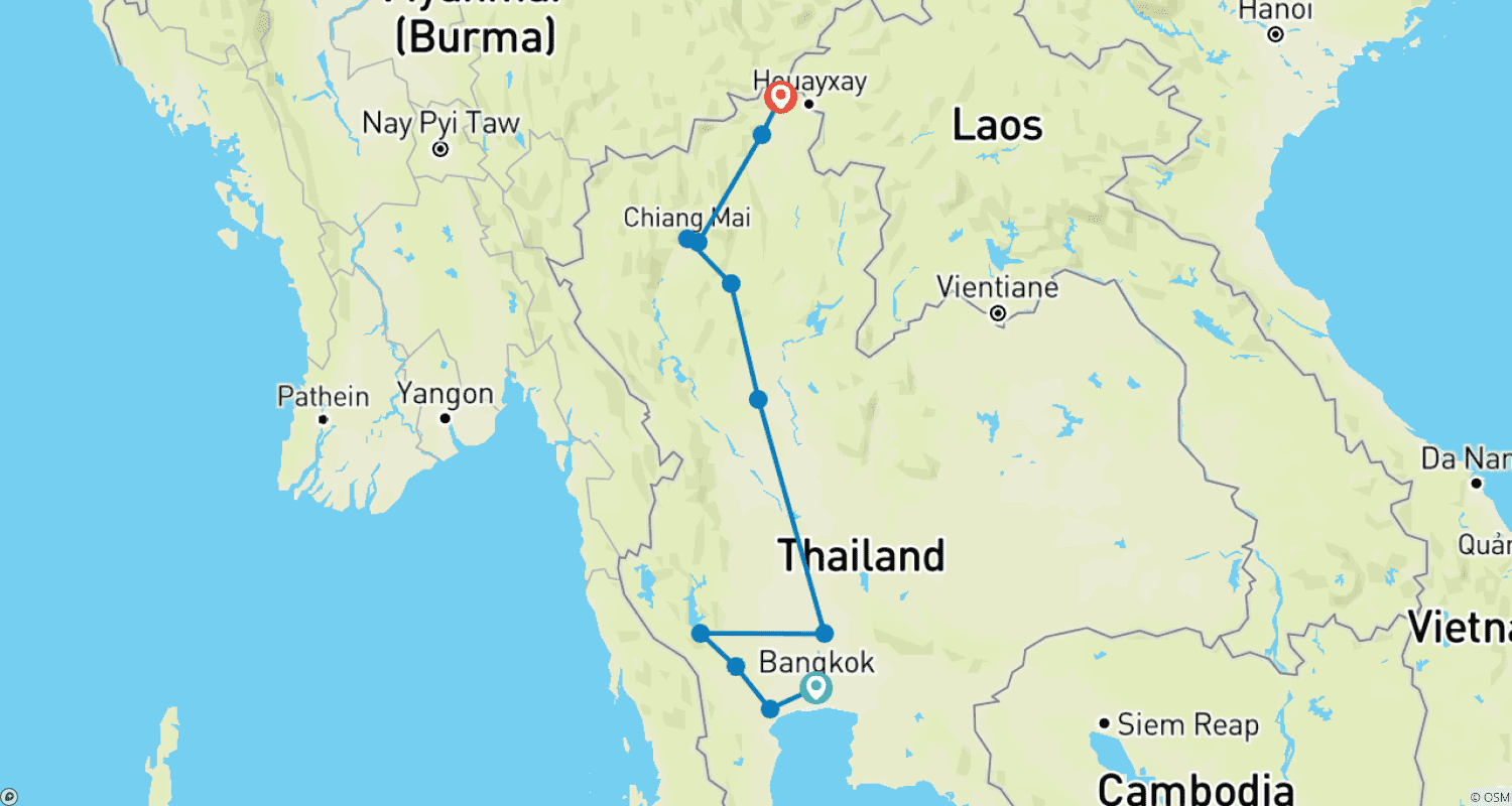 Mapa do percurso de Excursão em Grupo Pequeno pelo Norte da Tailândia no "Festival Loy Krathong de 12 a 17 de Novembro de 2024"
