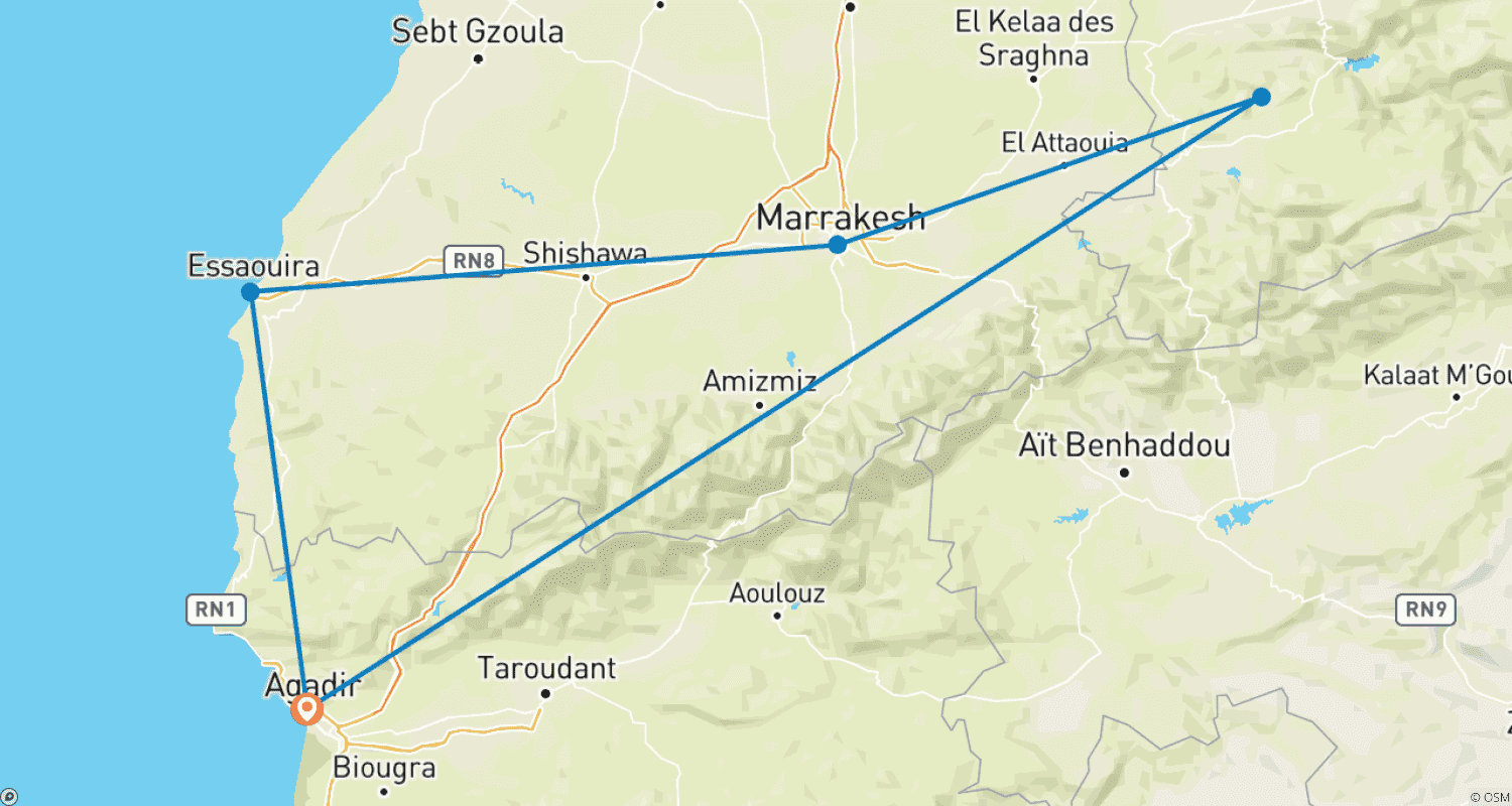 Mapa do percurso de Descoberta de 3 Dias de Agadir a Essaouira, Marrakech e às Cascatas de Ouzoud