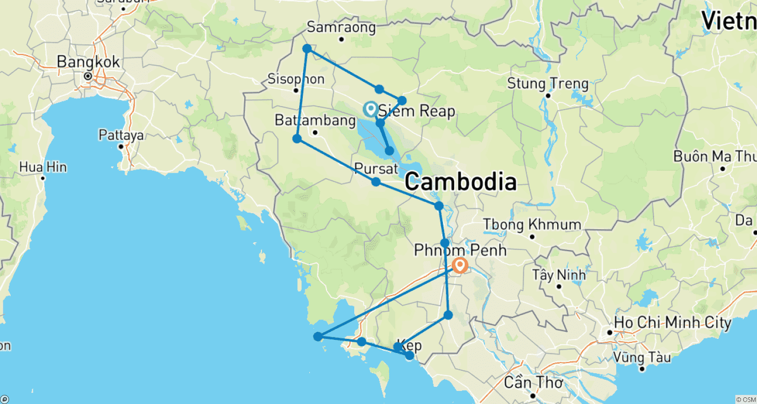 Mapa do percurso de Discover Cambodia 13 Days All Highlight Tour