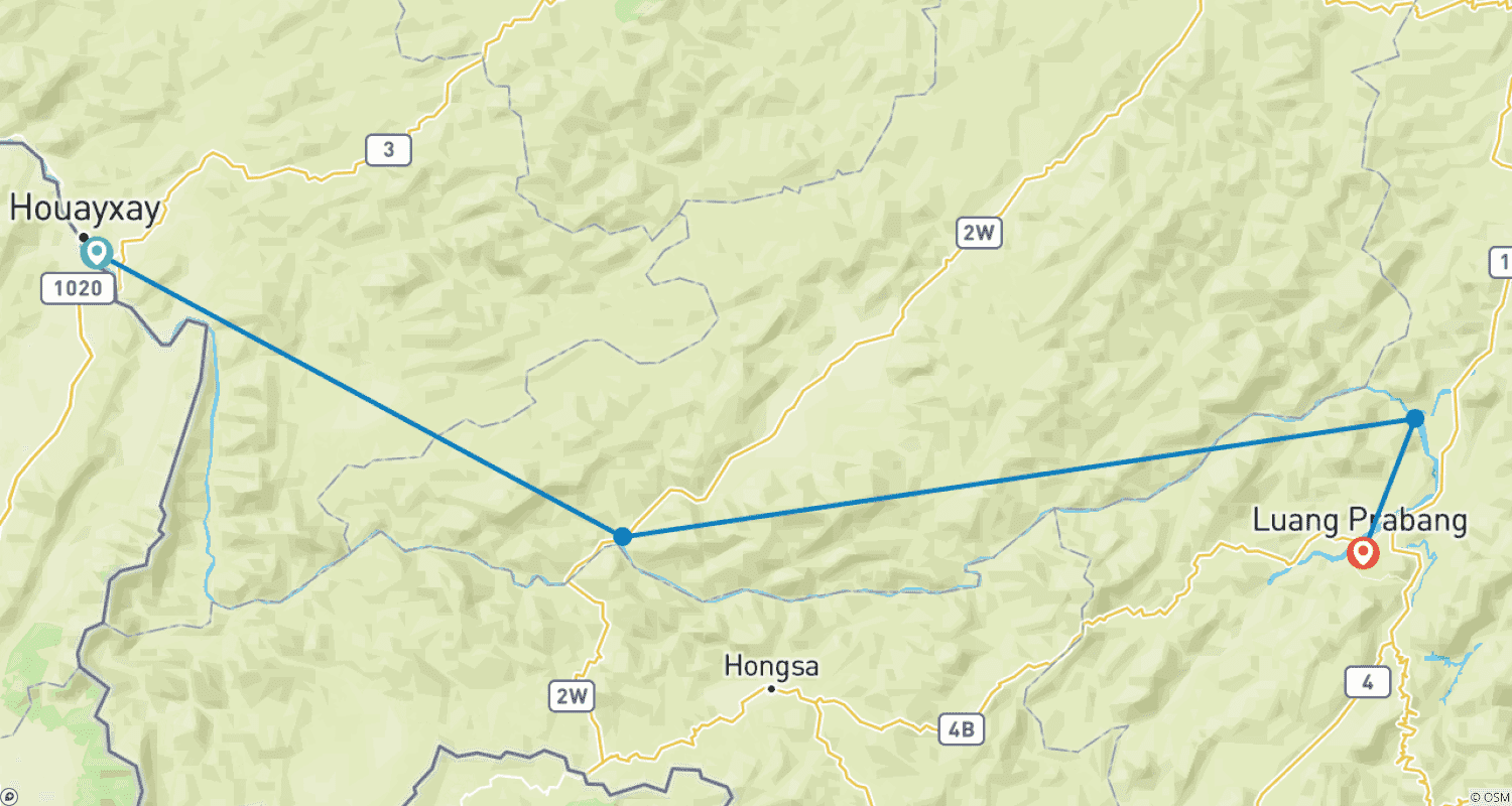 Mapa trasy: Rejs po rzece Mekong 2 dni z Houay Xay do Luang Prabang przez Pakbeng (Tajlandia–Laos, w dół rzeki)