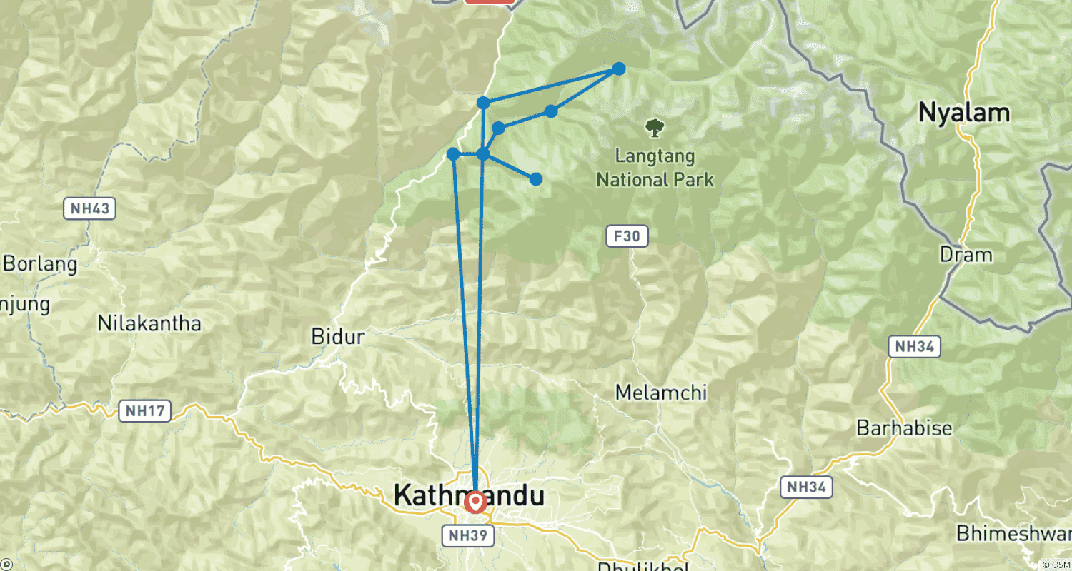 Mapa do percurso de Caminhada pelo Vale de Langtang e Lago Gosaikunda - 14 Dias
