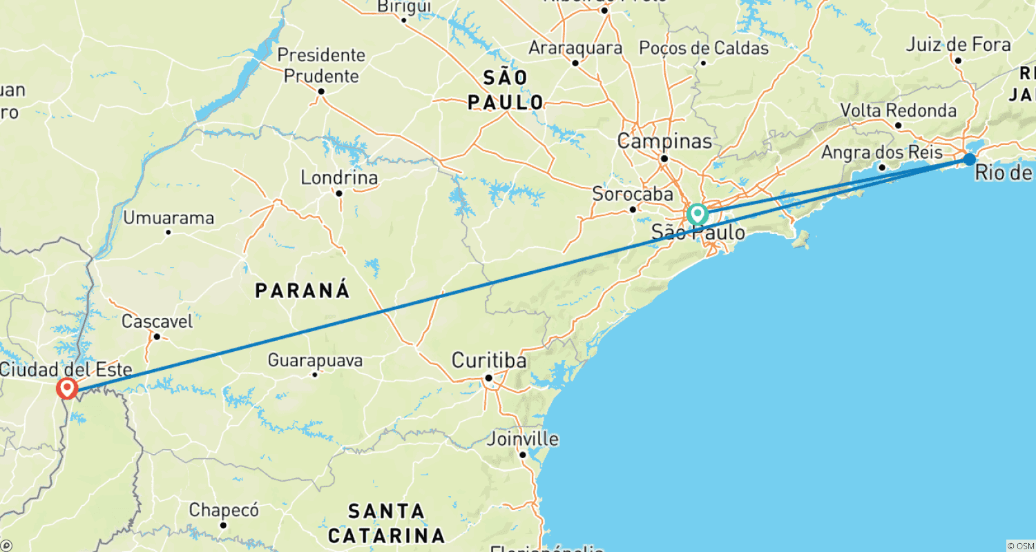 Sao Paulo, Rio de Janeiro & Iguazu Fallsのルートマップ