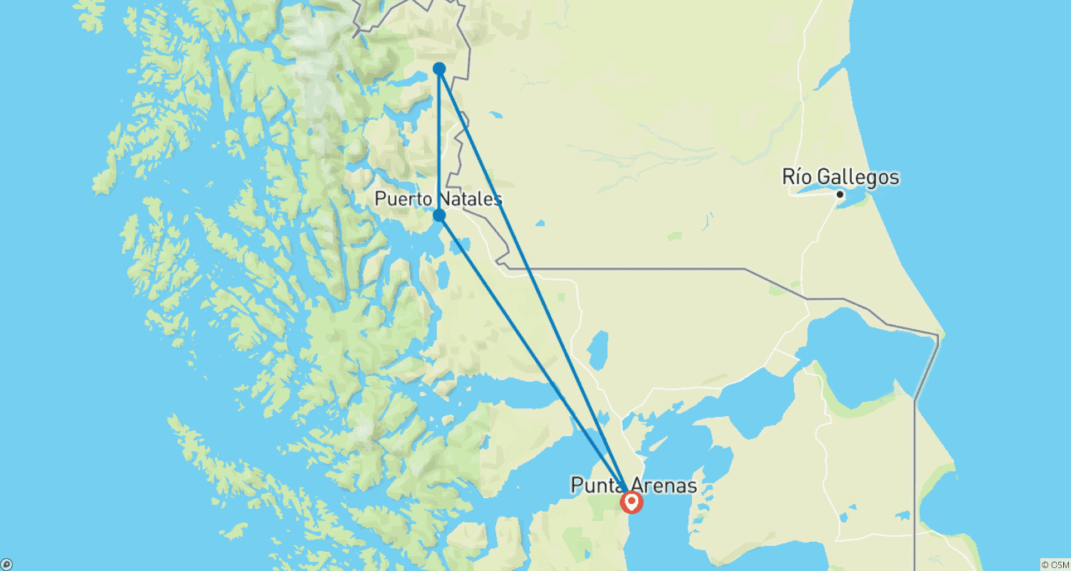 Mapa trasy: Między Fiordami a Szczytami: Puerto Natales i Wieże Paine