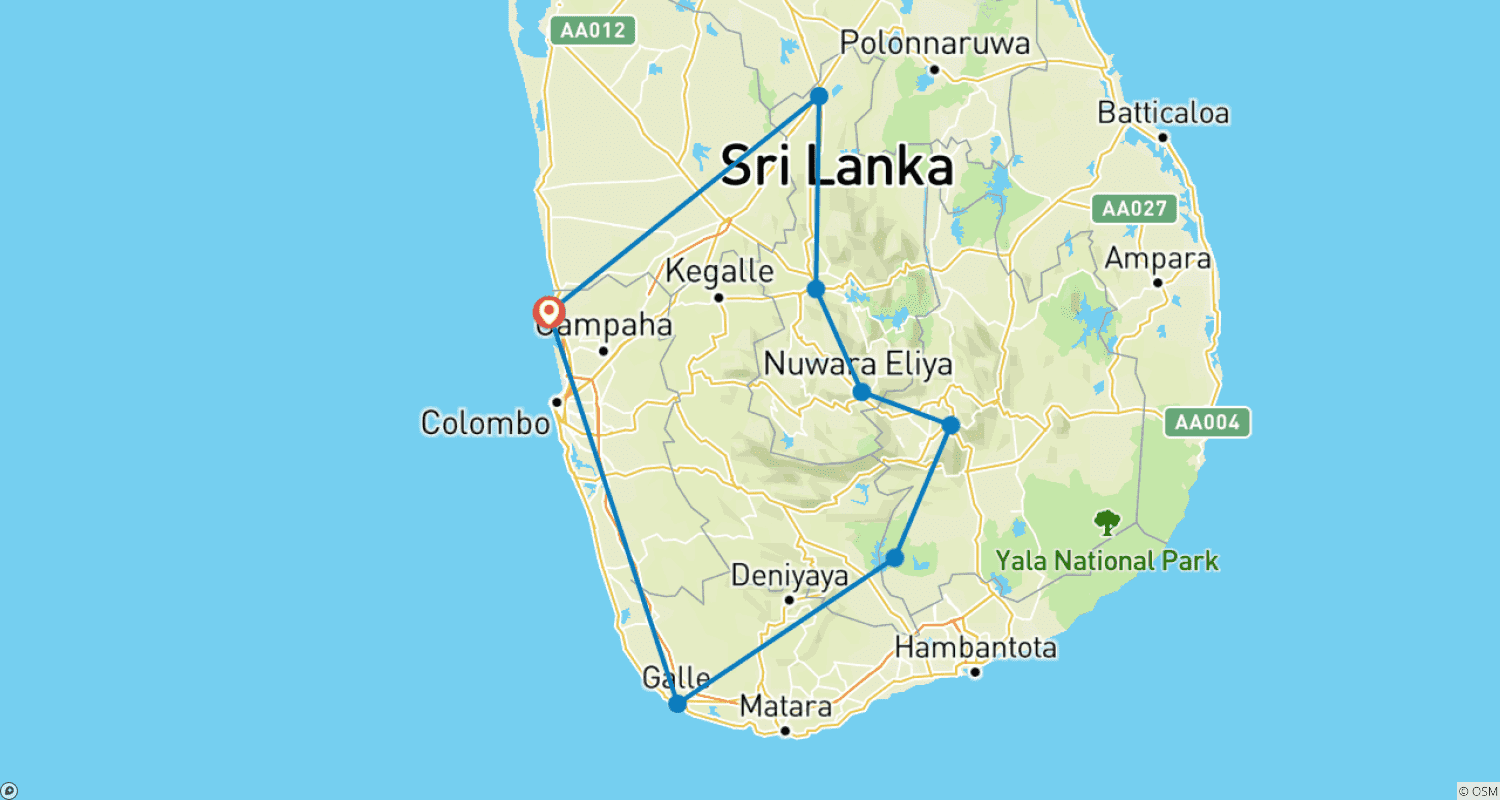 Mapa trasy: Cultural Treasures and Natural wonders, Sri Lanka's Splendorous path