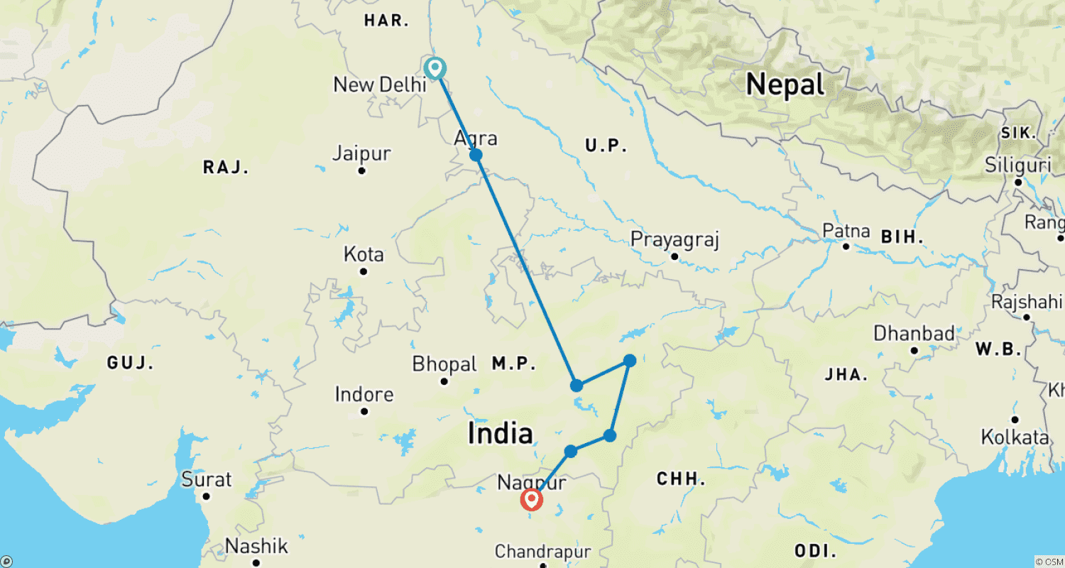 Mapa trasy: Popularne Safari Tygrysie z Dziką Przyrodą Bandhavgarh & Kanha & Pench z Tadż Mahal All inclusive