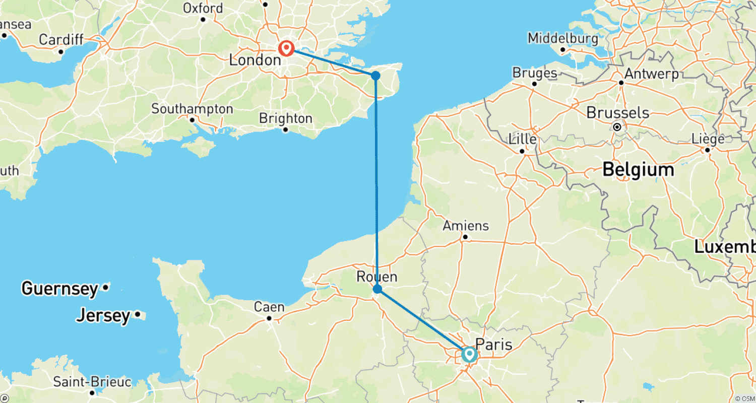 Mapa trasy: Francuski Romans i Brytyjska Majestat: Odkrywanie Paryża i Londynu - 9 dni