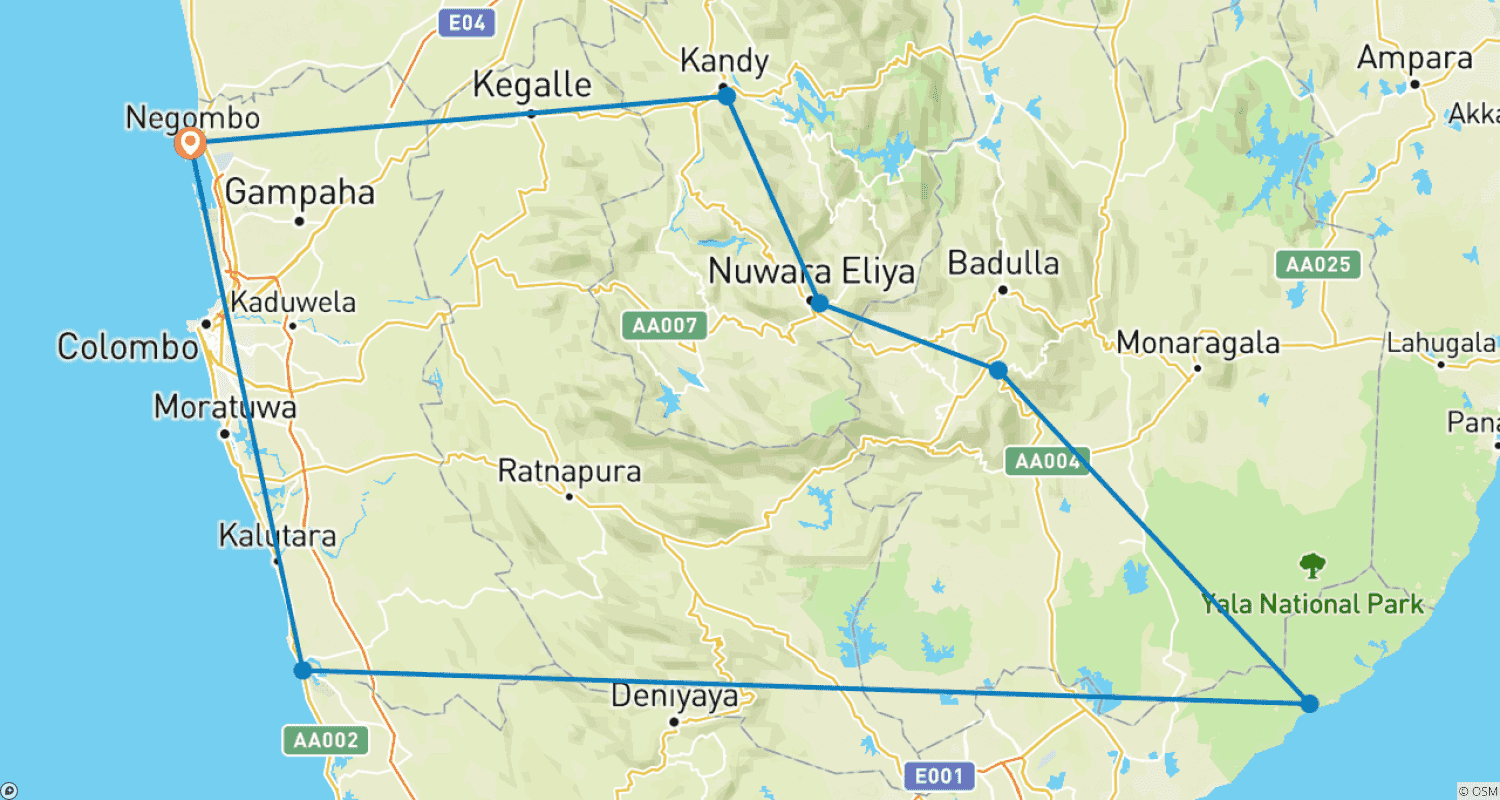 Mapa do percurso de Explorando as Paisagens Encantadoras do Sri Lanka