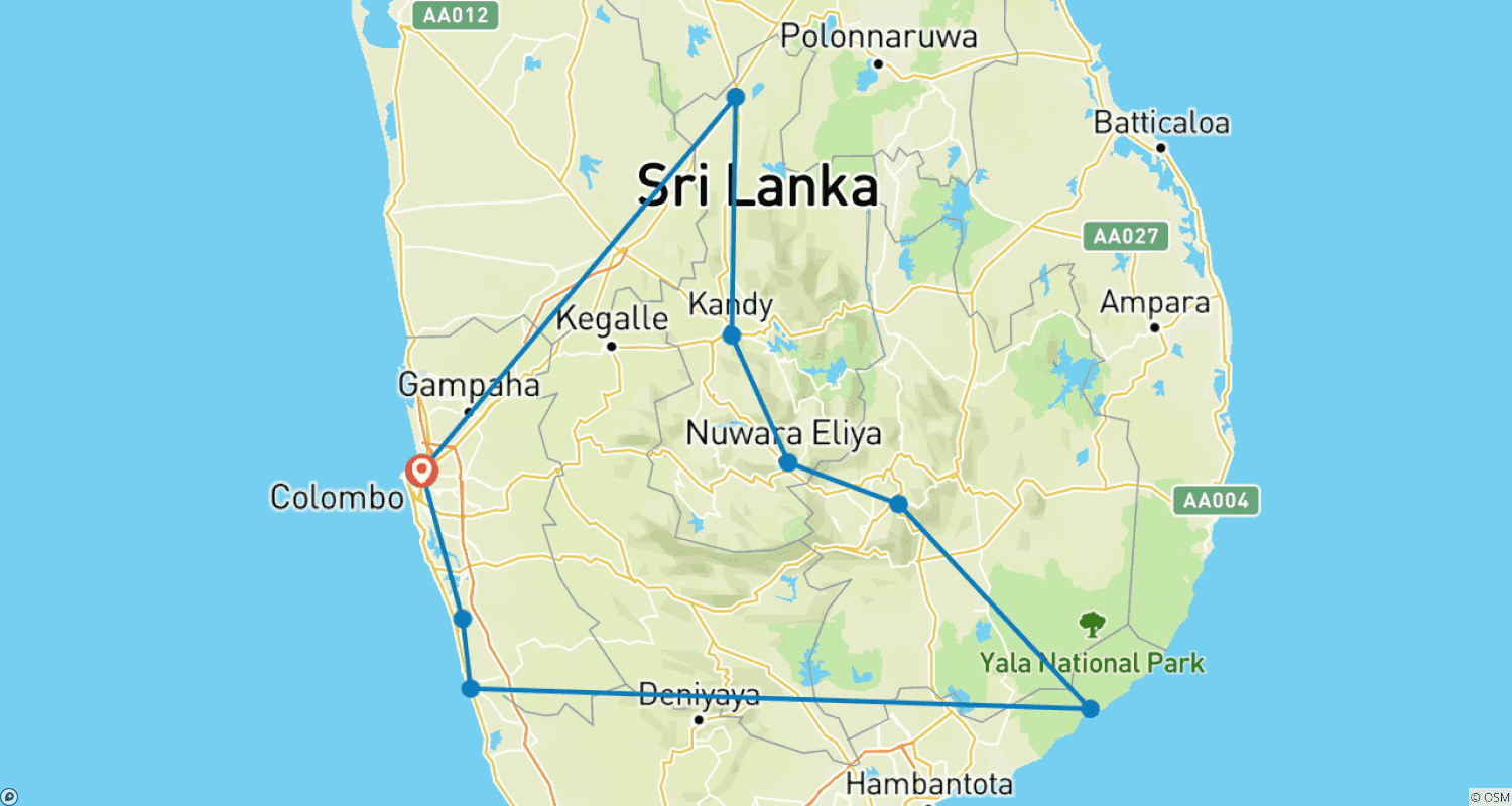 Mapa trasy: 9-dniowa Ekspedycja przez Skarby Sri Lanki