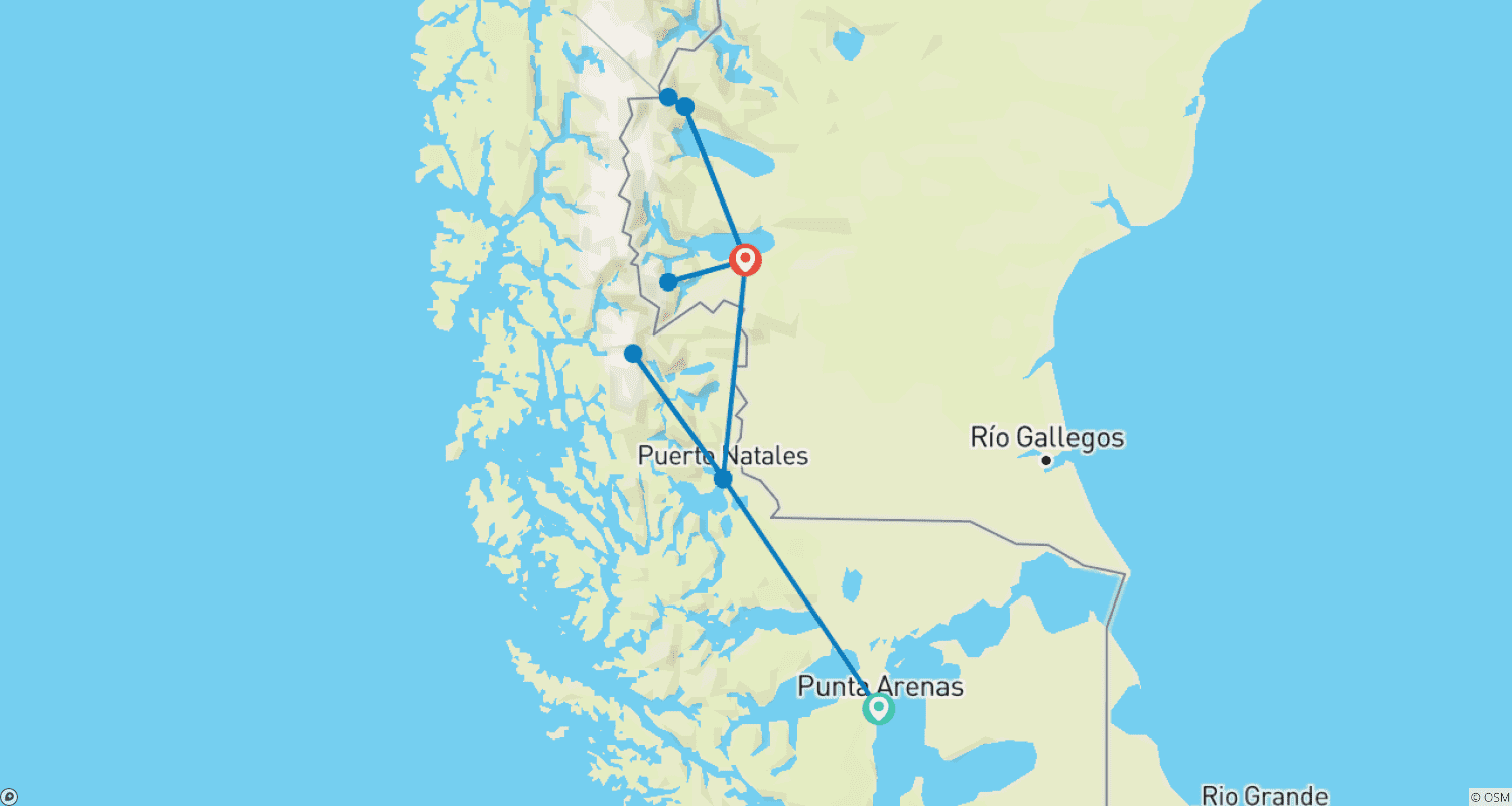 Mapa trasy: Wycieczka grupowa – Majestatyczne szczyty Patagonii