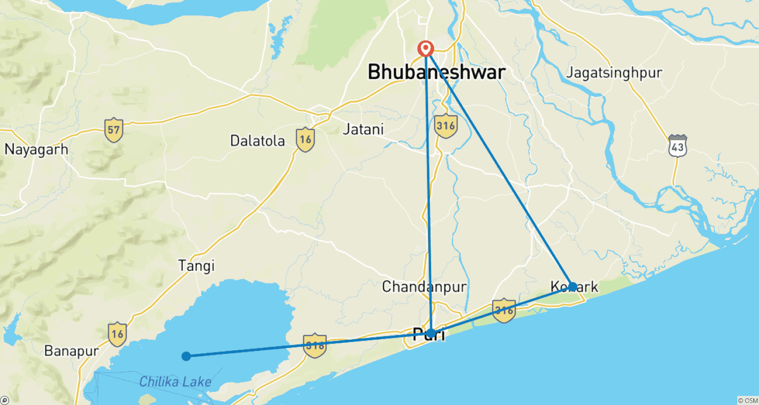 Mapa do percurso de Pacote Turístico Bhubaneswar Puri Konark