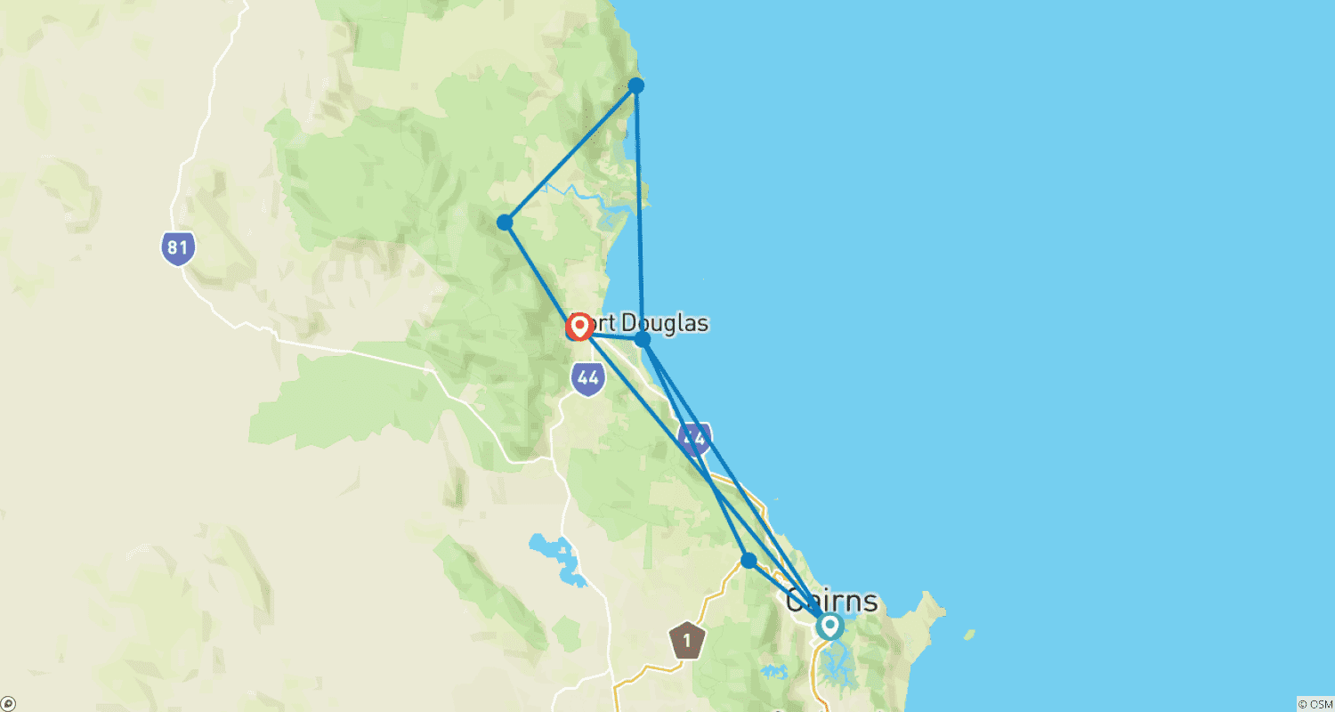 خريطة مسار جولة بوتيكية لمدة 3 أيام: Daintree Rainforest، Cape Tribulation & Port Douglas