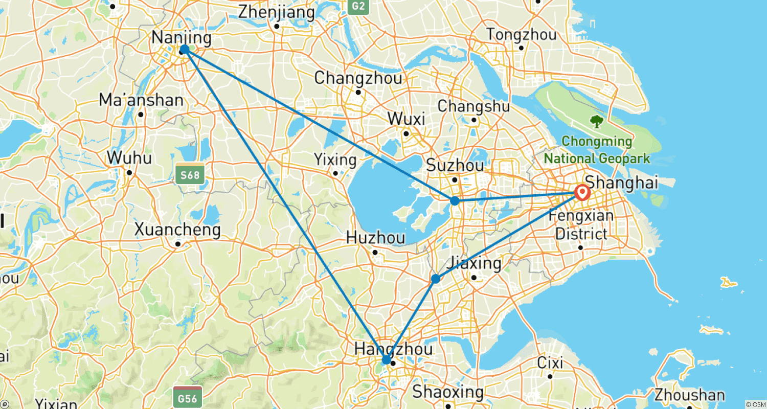 Mapa do percurso de Excursão Histórica pelo Sul da China 11D: Xangai, Suzhou, Nanjing, Hangzhou, Wuzhen