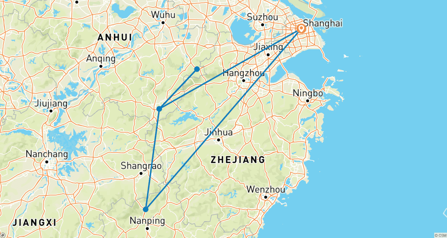 خريطة مسار جنوب الصين البري 10 أيام: شنغهاي، Xidi، Hongcun، Chengkan، مدينة Huizhou القديمة، Wuyuan