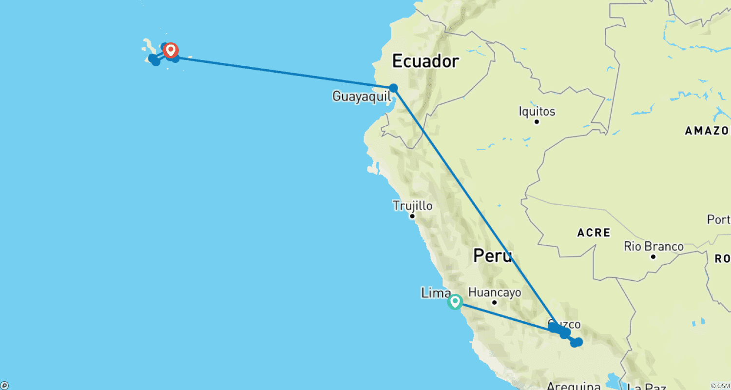 14 Days Peruvian Andes & Galapagos Islandsのルートマップ