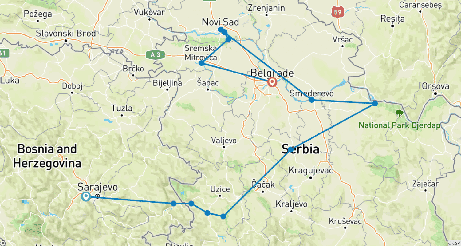 Mapa do percurso de Tour de descoberta de 9 dias pela Sérvia para todas as estações, partindo de Sarajevo. Sérvia, terra de mosteiros antigos, fortalezas medievais, vestígios romanos, riqueza cultural e estradas panorâmicas.