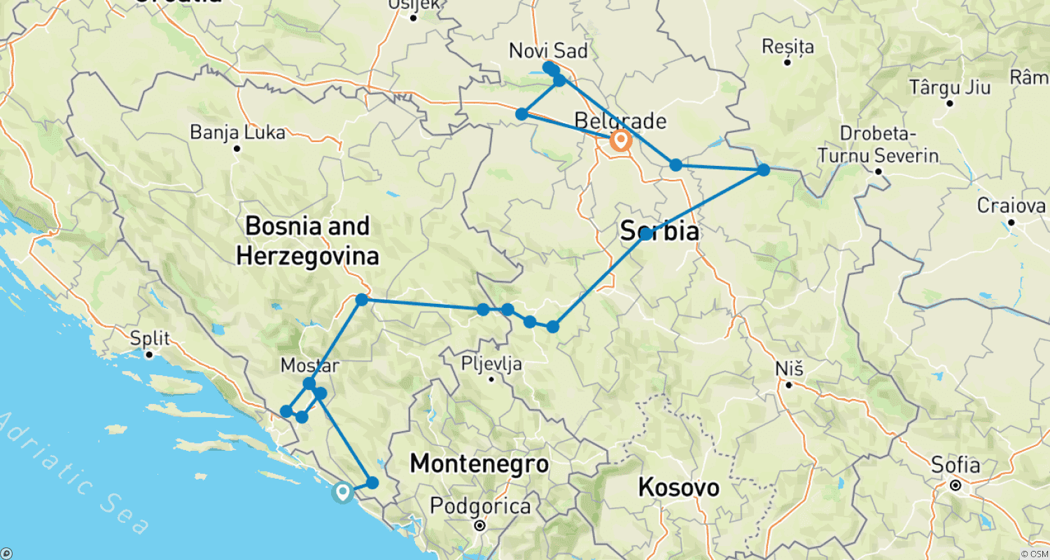 Mapa do percurso de Tour de Descoberta de 15 Dias pela Bósnia e Sérvia, Disponível o Ano Todo, com Partida de Dubrovnik. Os Balcãs: uma impressionante terra medieval repleta de fortalezas e mosteiros; natureza, arquitetura e história espetaculares, com uma vida noturna vibrante.