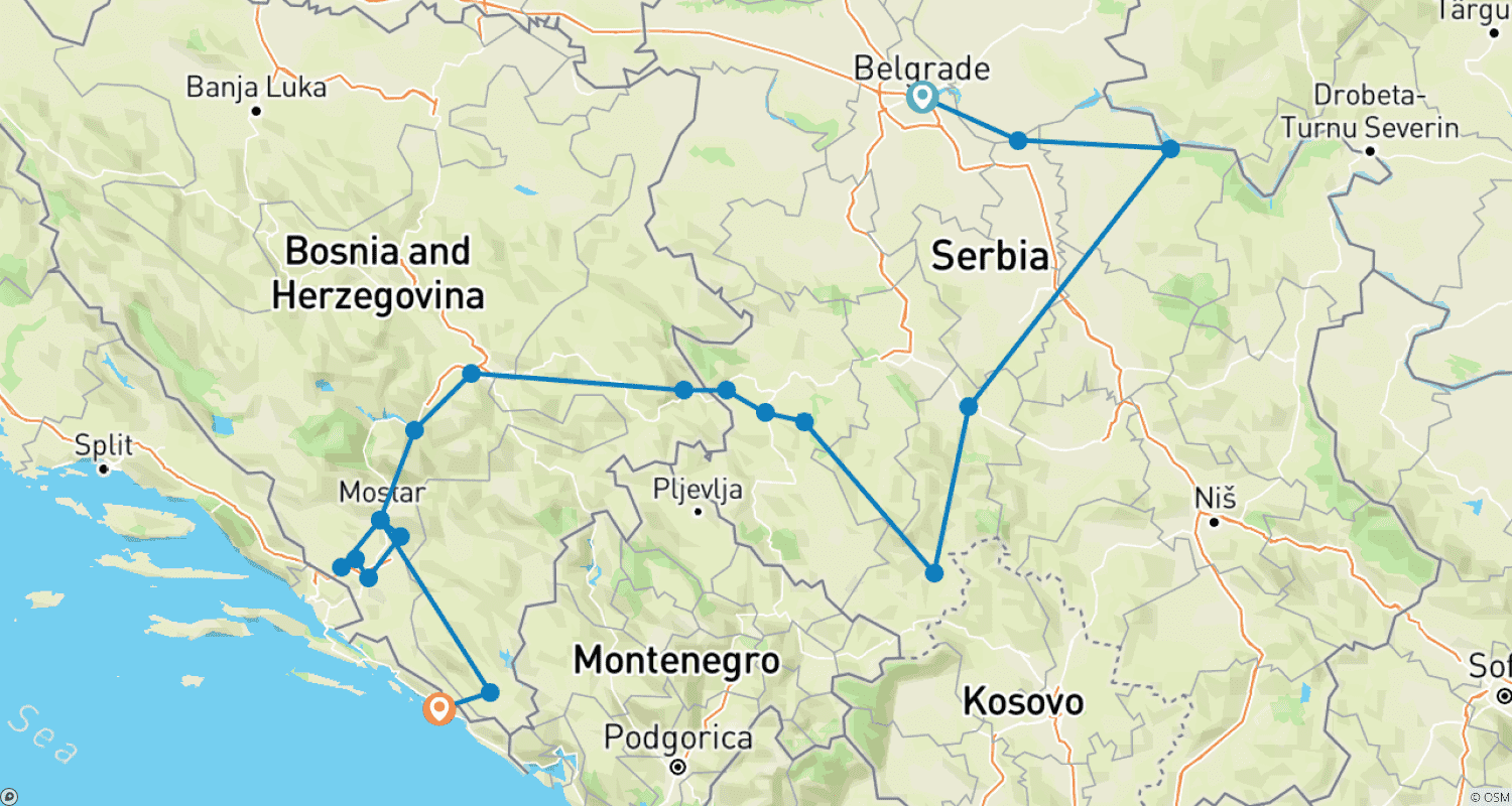 Mapa do percurso de Sérvia + Bósnia o ano inteiro: tour de descoberta de 15 dias a partir de Belgrado. Uma road trip pelos maiores países da antiga Iugoslávia. Oferece experiências verdadeiramente espetaculares do início ao fim.