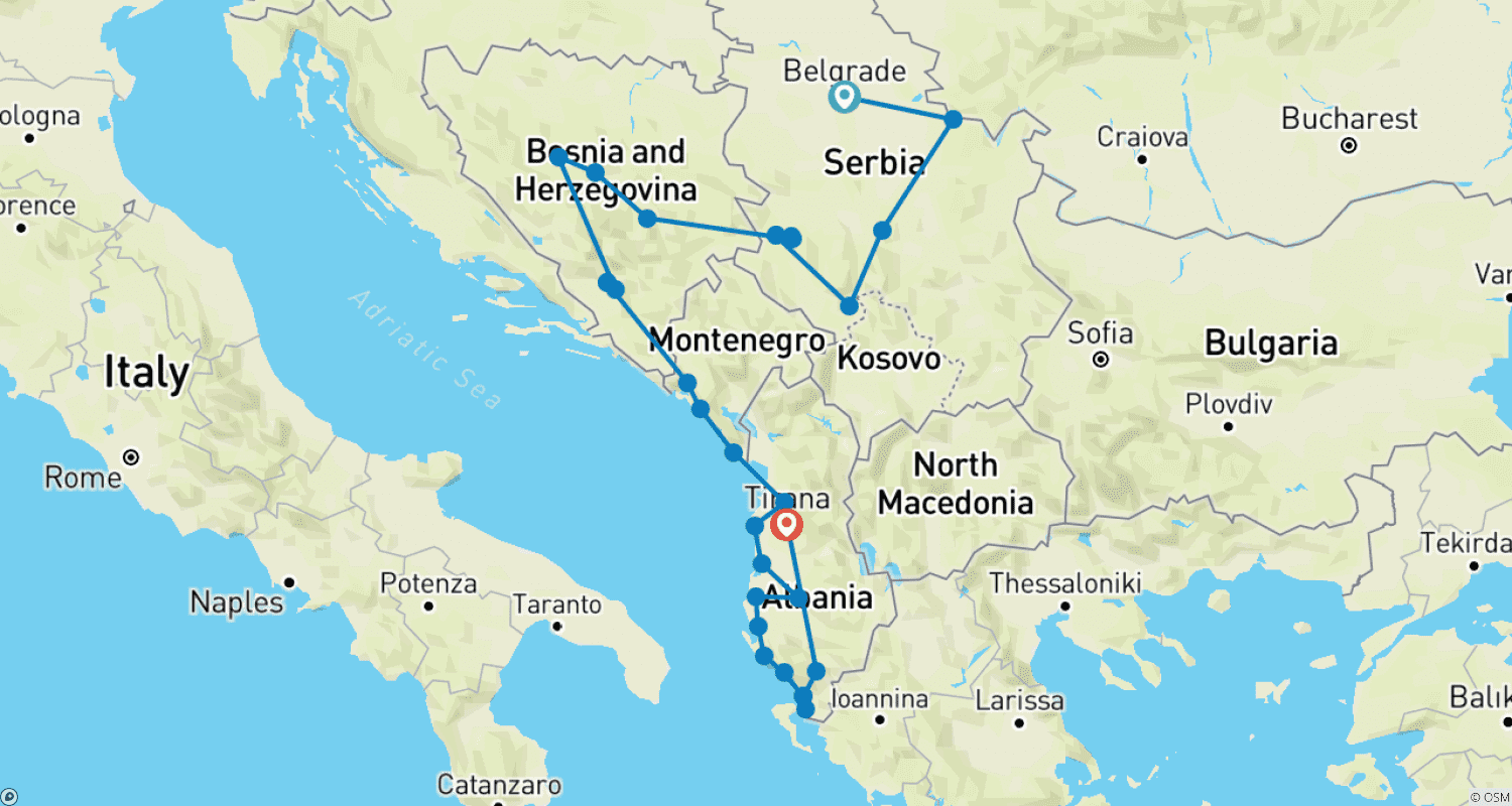 Mapa do percurso de Excursão Trans-Balcânica de 39 dias o ano todo: Sérvia + Bósnia + Montenegro + Albânia a partir de Belgrado. Viagem de carro por 4 países dos Balcãs. Estradas panorâmicas, vestígios romanos, natureza impressionante, praias deslumbrantes, história rica e culinária deliciosa.