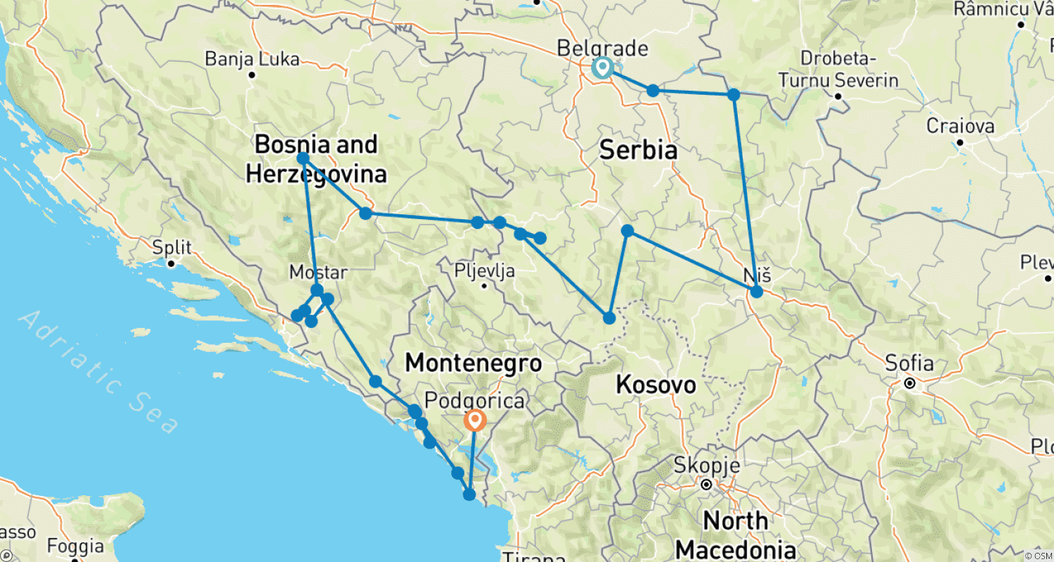 Mapa trasy: Serbia +Bosnia +Montenegro year-round 23 days tour from Belgrade. Roadtrip across former Yugoslavia countries with ancient monasteries, medieval fortresses, rich cultural heritage, impressive nature and delicious cuisine.