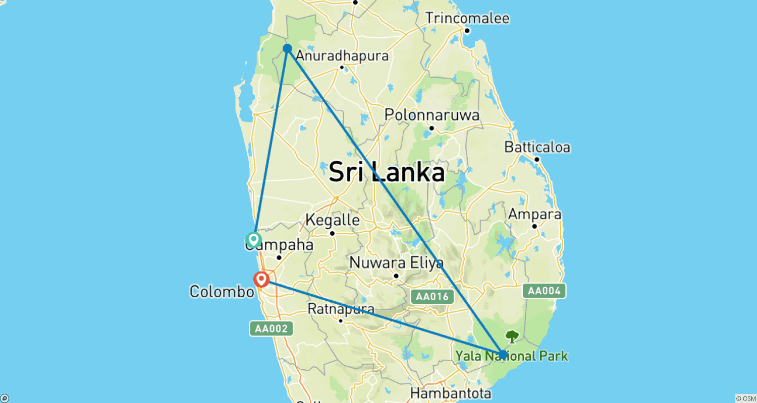 Mapa do percurso de Pegadas de Leopardo no Sri Lanka