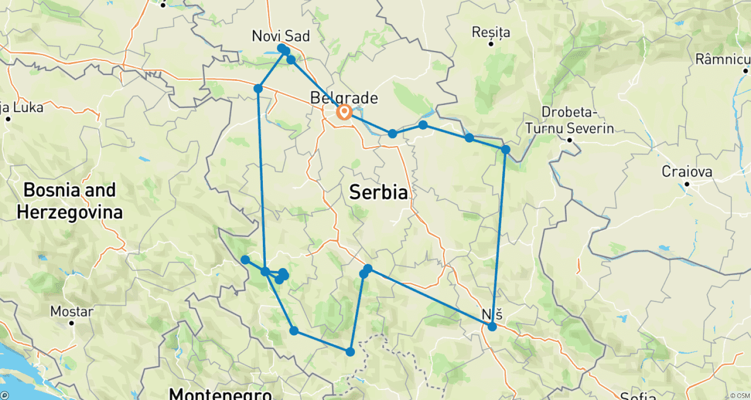 Year-round Serbia 17 days discovery tour from Belgrade. Beautiful road trip across the largest former Yugoslavia country. Plenty of fascinating history, culture, nature, architecture, and delicious cuisine.のルートマップ