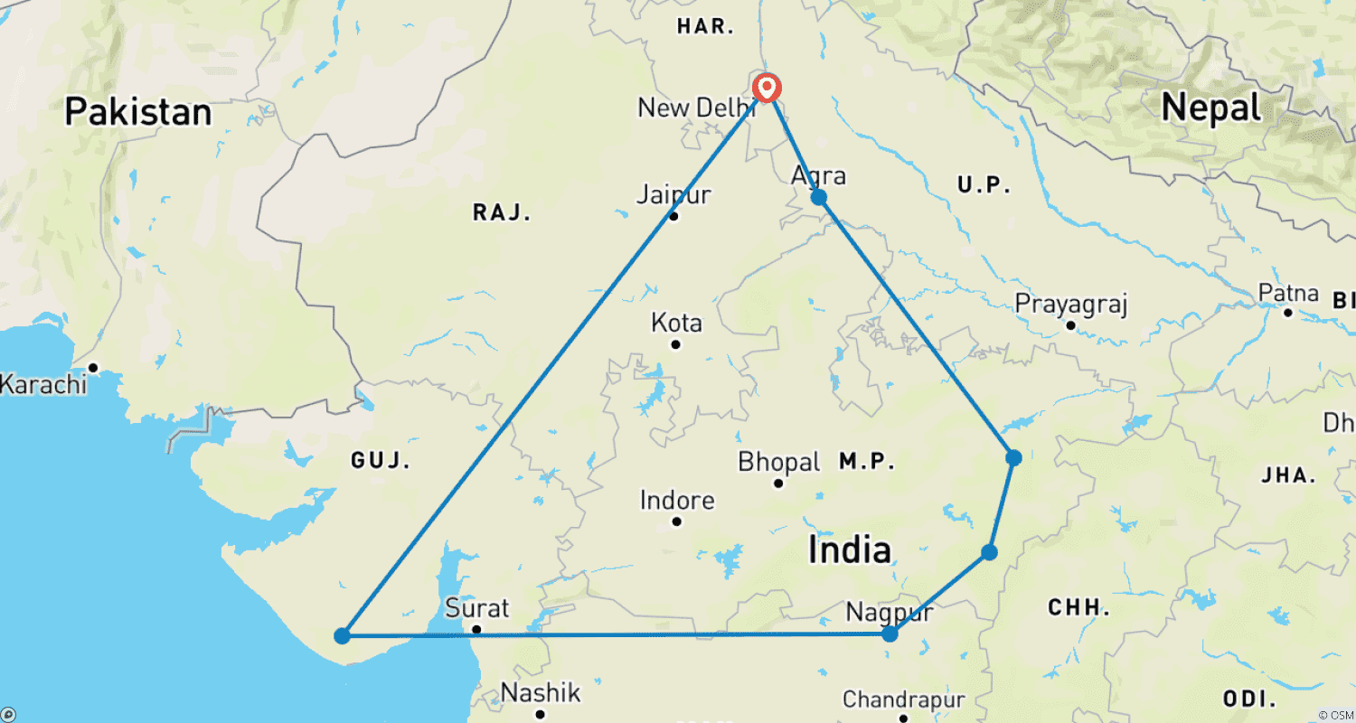Mapa do percurso de 14 Days of Discovering the Wonders of the Wild Kingdoms of Tigers Tour with Taj Mahal (ALL INCLUSIVE)