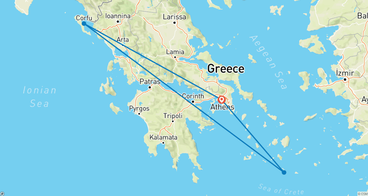 Mapa trasy: Ateny, Santorini i Korfu