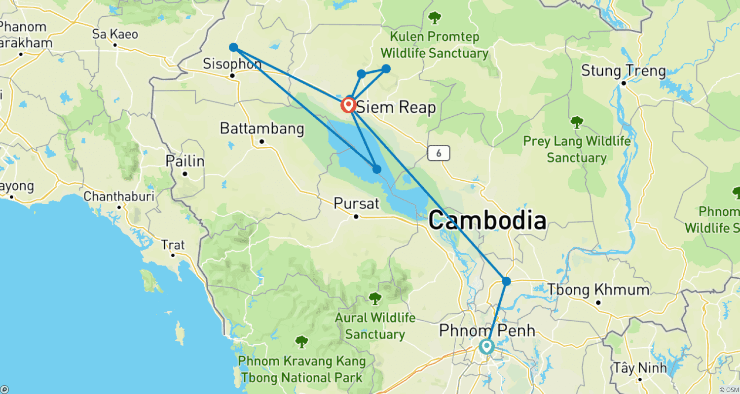 カンボジア遺産探訪：プノンペンからシェムリアップへの7日間の旅のルートマップ