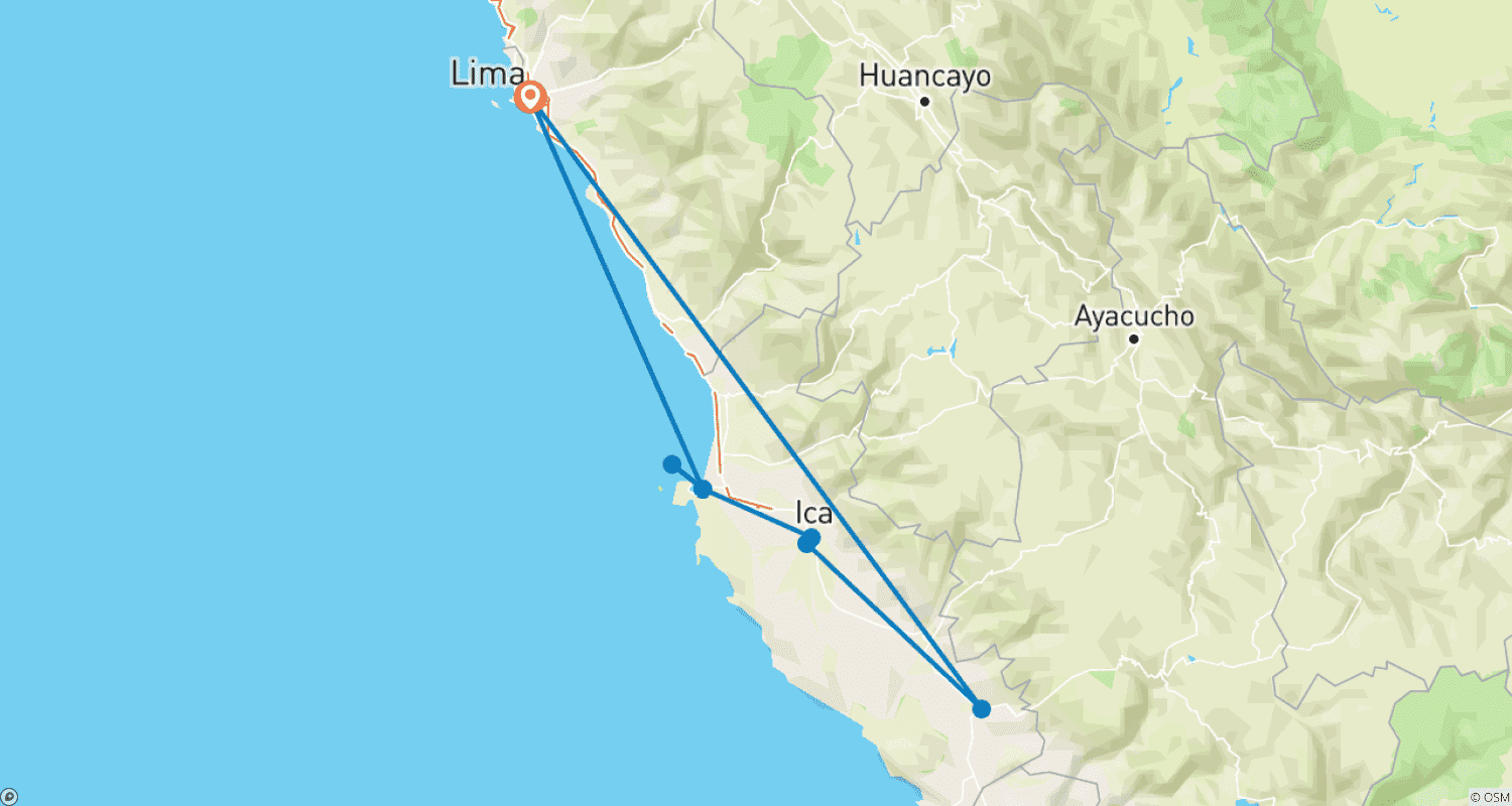 Mapa do percurso de Ilhas Ballestas, Ica, Oásis de Huacachina e Linhas de Nazca: 2 Dias