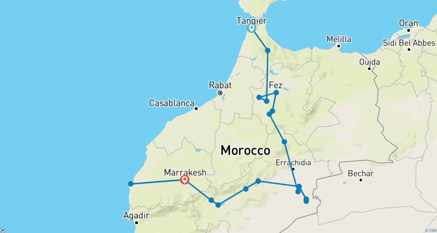 Mapa do percurso de 12 Days Tour from Tangier to Marrakech (Private)