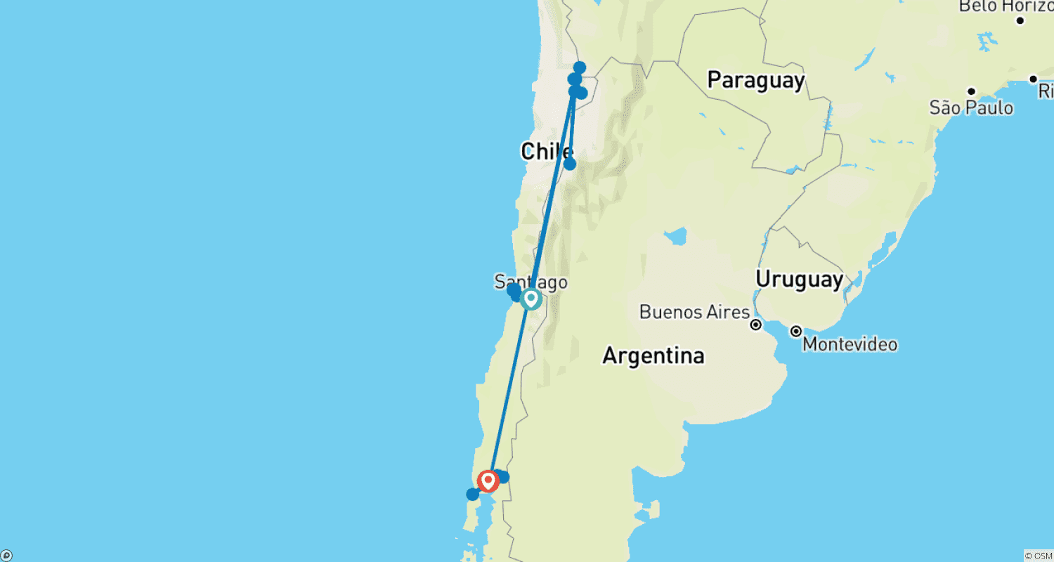 Mapa trasy: 11 dni Santiago, San Pedro de Atacama i Puerto Varas