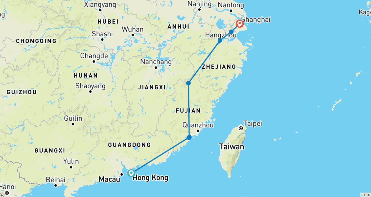 Mapa do percurso de Splendid South China 14D: Hong Kong, Xiamen, Tulou, Wuyishan, Hangzhou, Xitang, Shanghai
