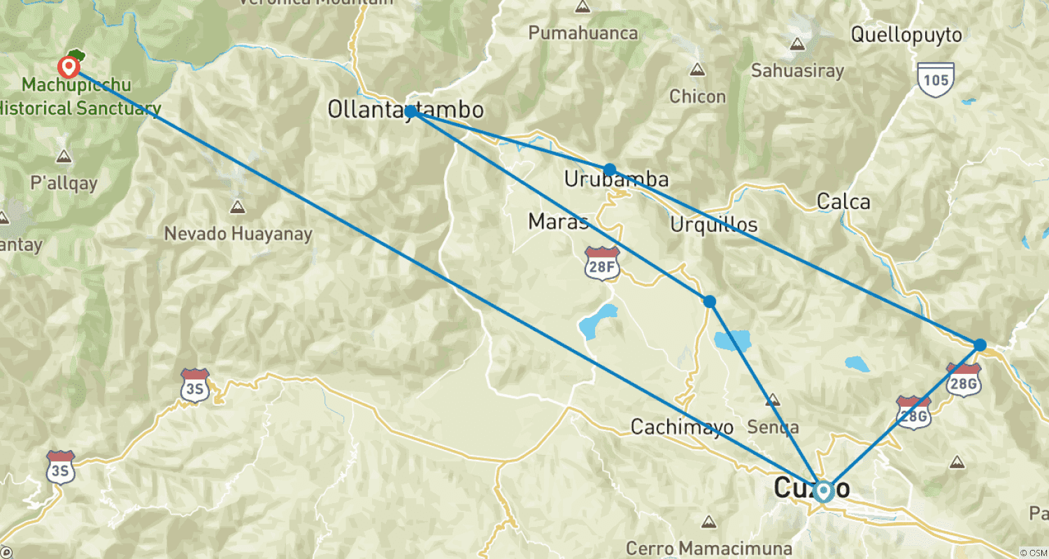 Mapa do percurso de Cusco: 3 Melhores Passeios Privados – City Tour, Vale Sagrado e Machu Picchu