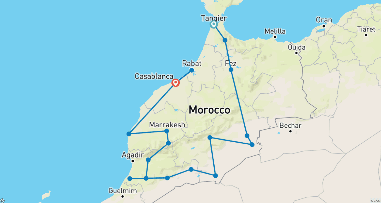 22 Days Tour From Tangier To Marrakech (Private)のルートマップ