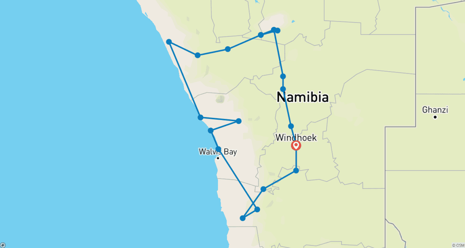 Mapa do percurso de Safari de 9 Dias com Alojamento e Acampamento em Etosha, Skeleton Coast e Sossusvlei