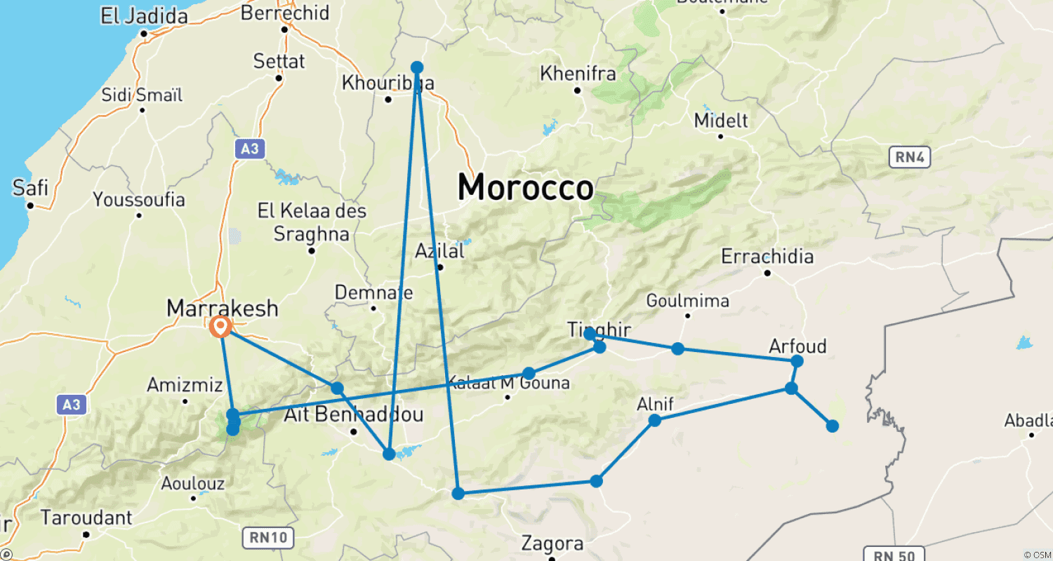 خريطة مسار 7 Days Tour From Marrakech via Atlas Mountains & Desert (Private)