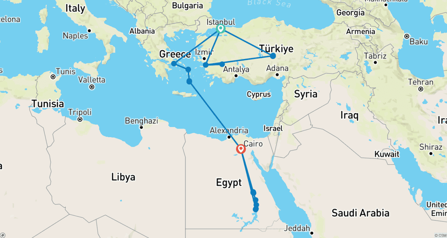 トルコ、ギリシャ、エジプトを巡る地中海ベストツアー - 19日間のルートマップ