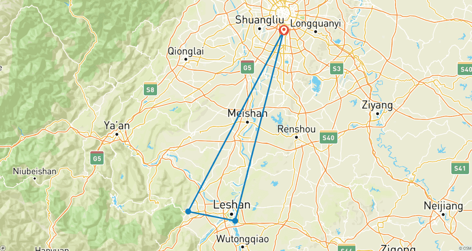 Mapa do percurso de Tour Privado: Exploração de 3 Noites em Sichuan, de Chengdu a Leshan e ao Monte Emei