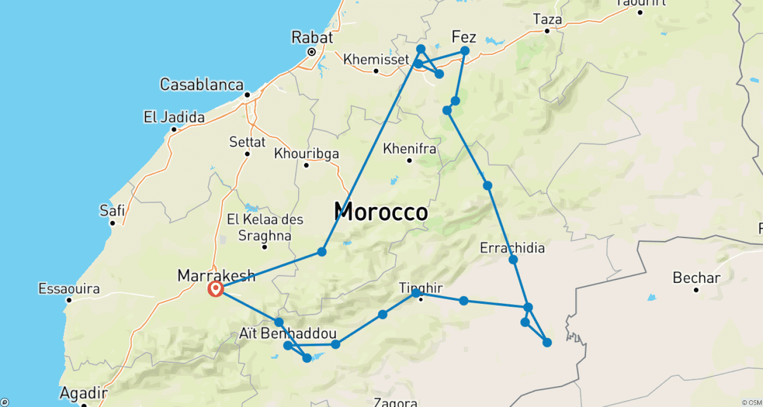 Mapa do percurso de Merzouga, Fes e Cataratas de Ouzoud. 6 Dias/5 Noites de Marrakech