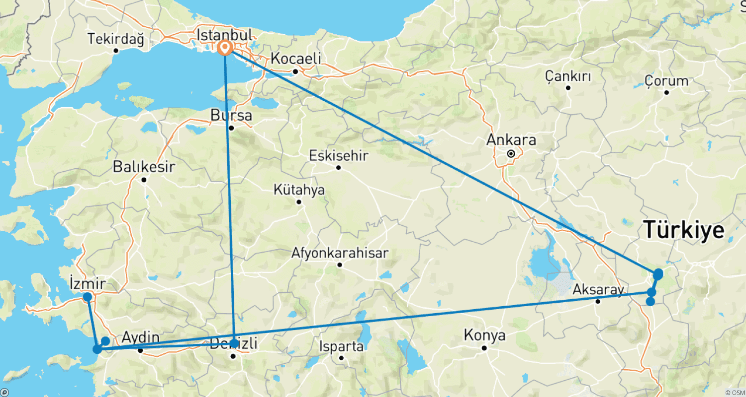 خريطة مسار 7 Nights 8 Days Golden Triangle of Turkey