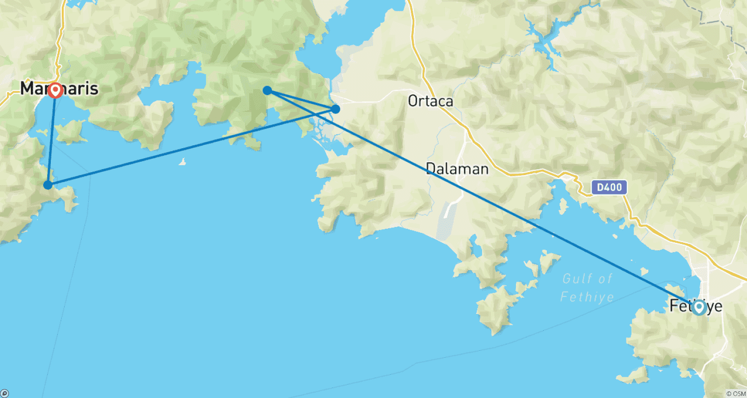 Fethiye to Marmaris 3 Night 4 Day Cruiseのルートマップ